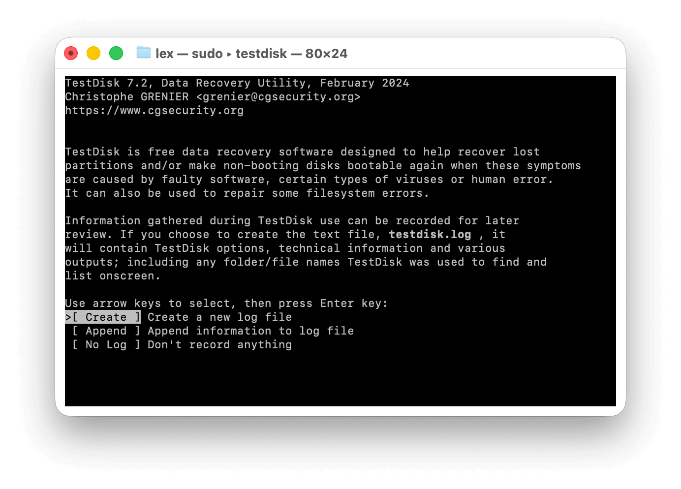 TestDisk interface on Mac