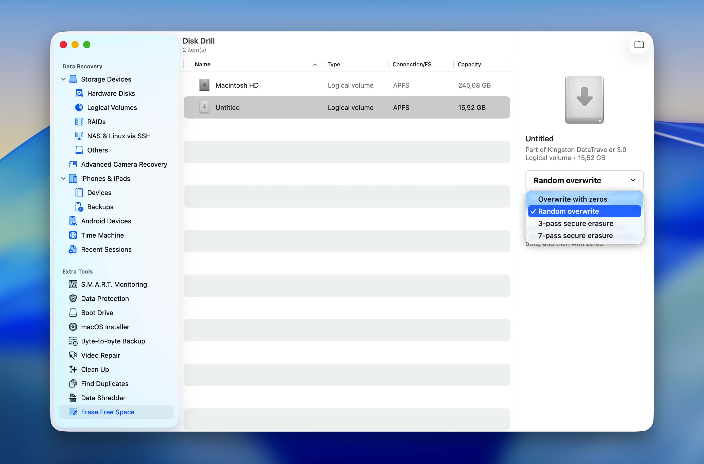 erase free space with disk drill