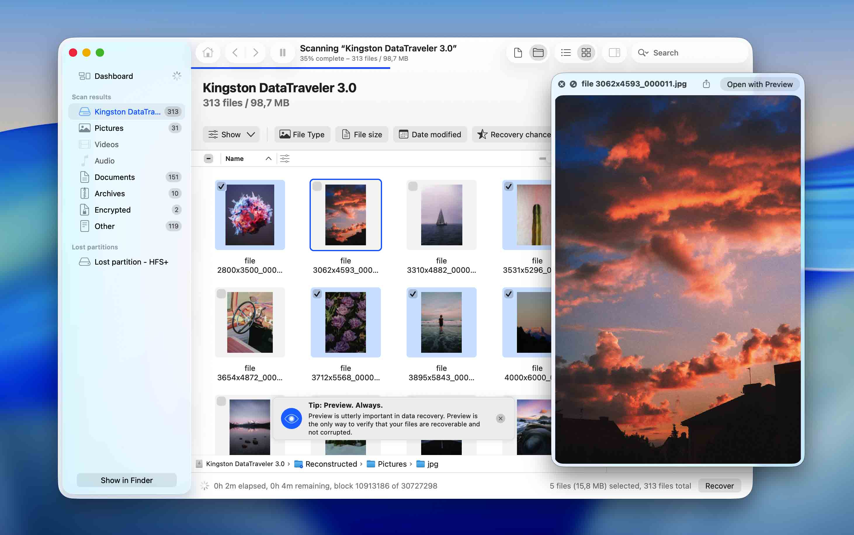 preview and select files for recovery